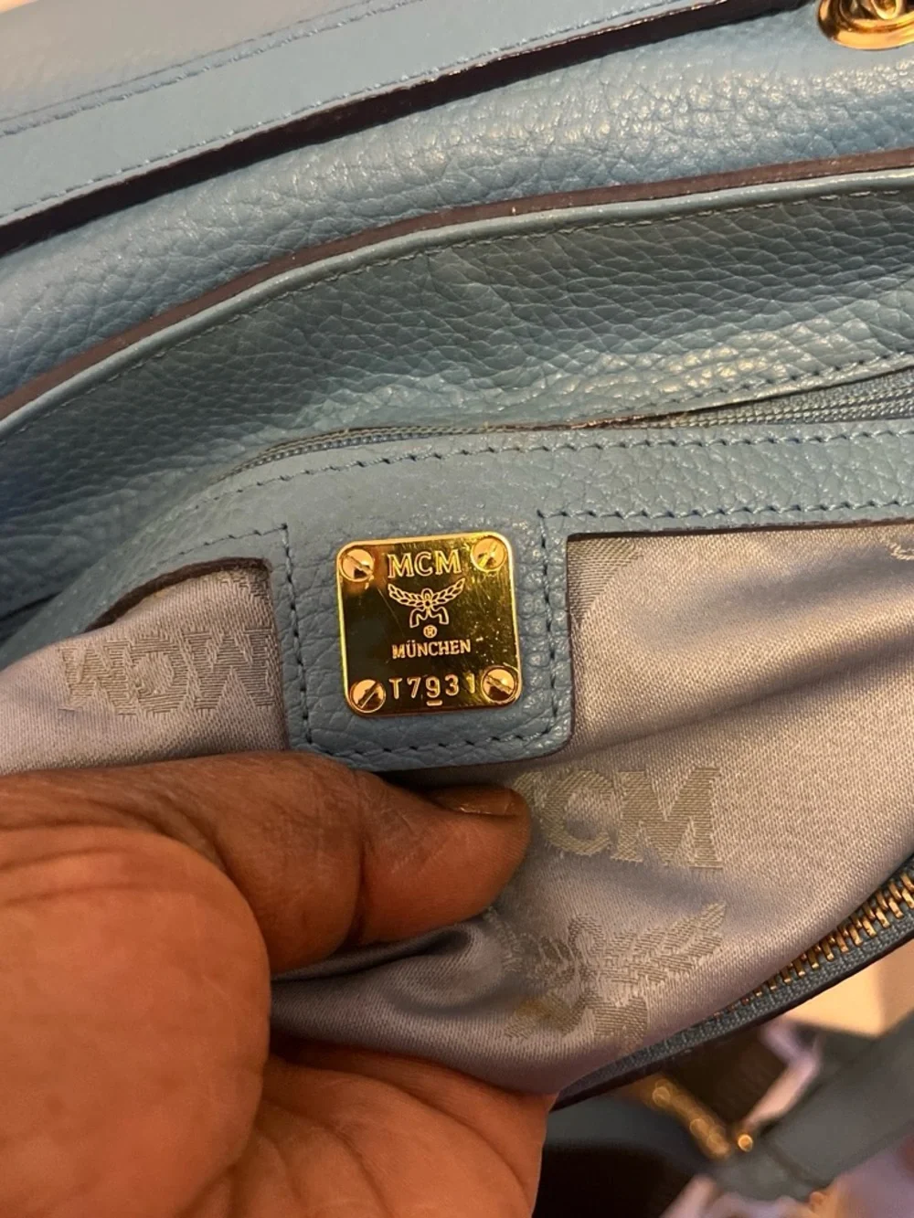 MCM Turquoise Blue Leather Top-Handle Satchel with Gold Hardware